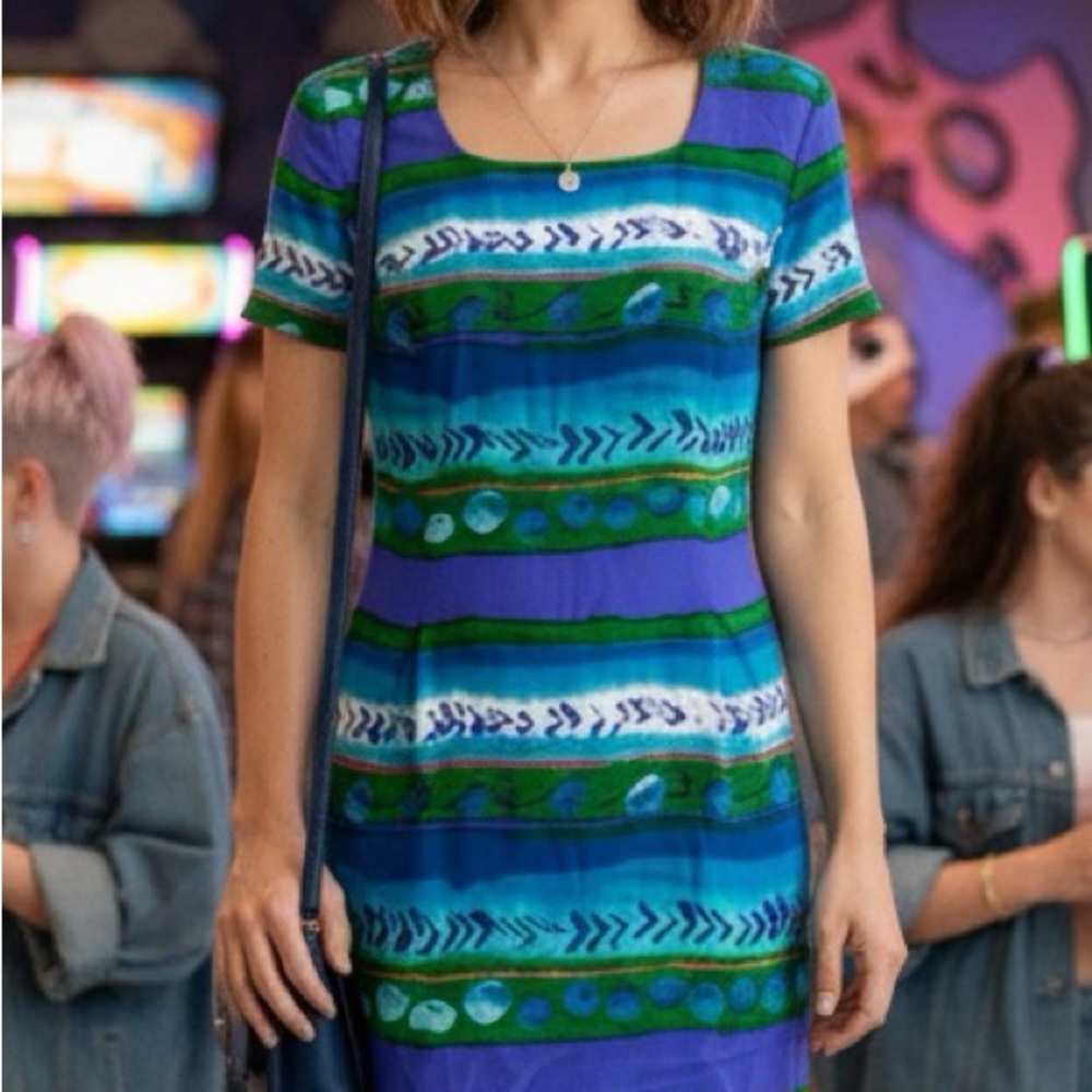 NWT Vintage 90s Maggy London Abstract Geometric Print Bodycon Midi Dress